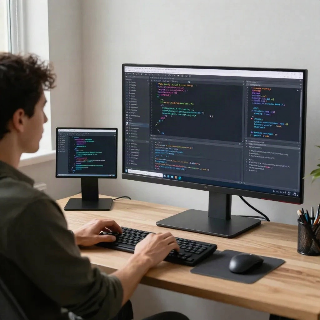 Developer with multiple code editors showing Rust and Go