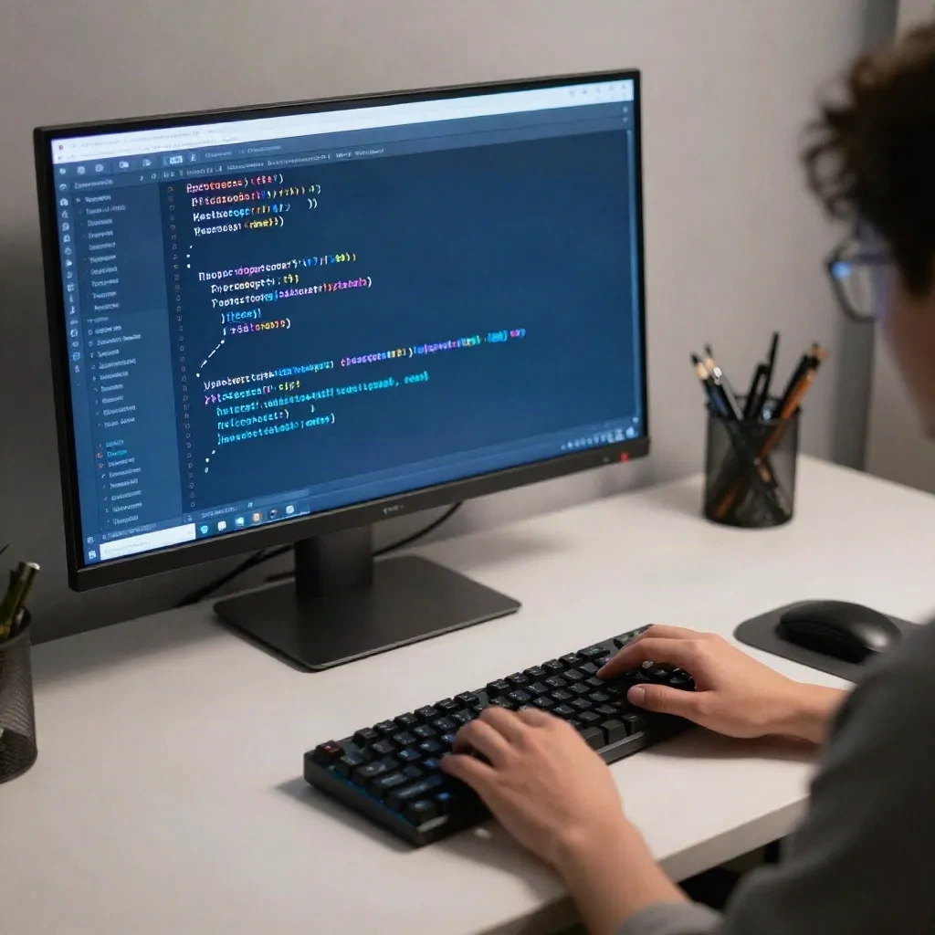 Developer writing TypeScript code at night with blue monitor glow