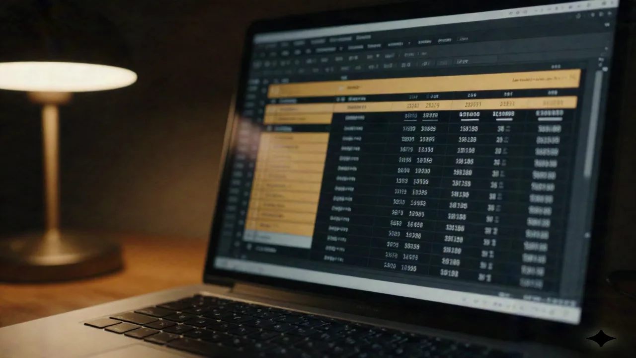 Dark-mode spreadsheet on a MacBook screen with an amber highlighted formula cell