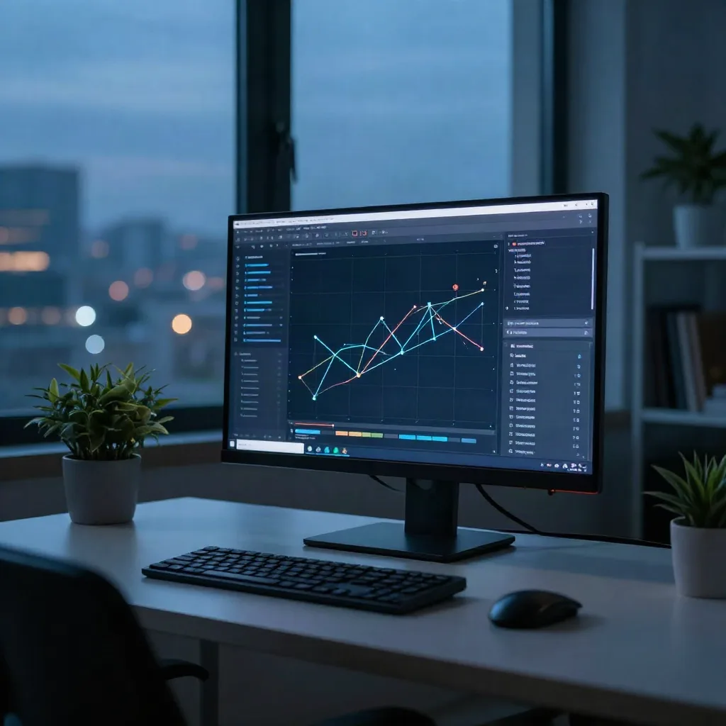 Home office at dusk with a monitor showing a faint dependency graph and a plant on the desk