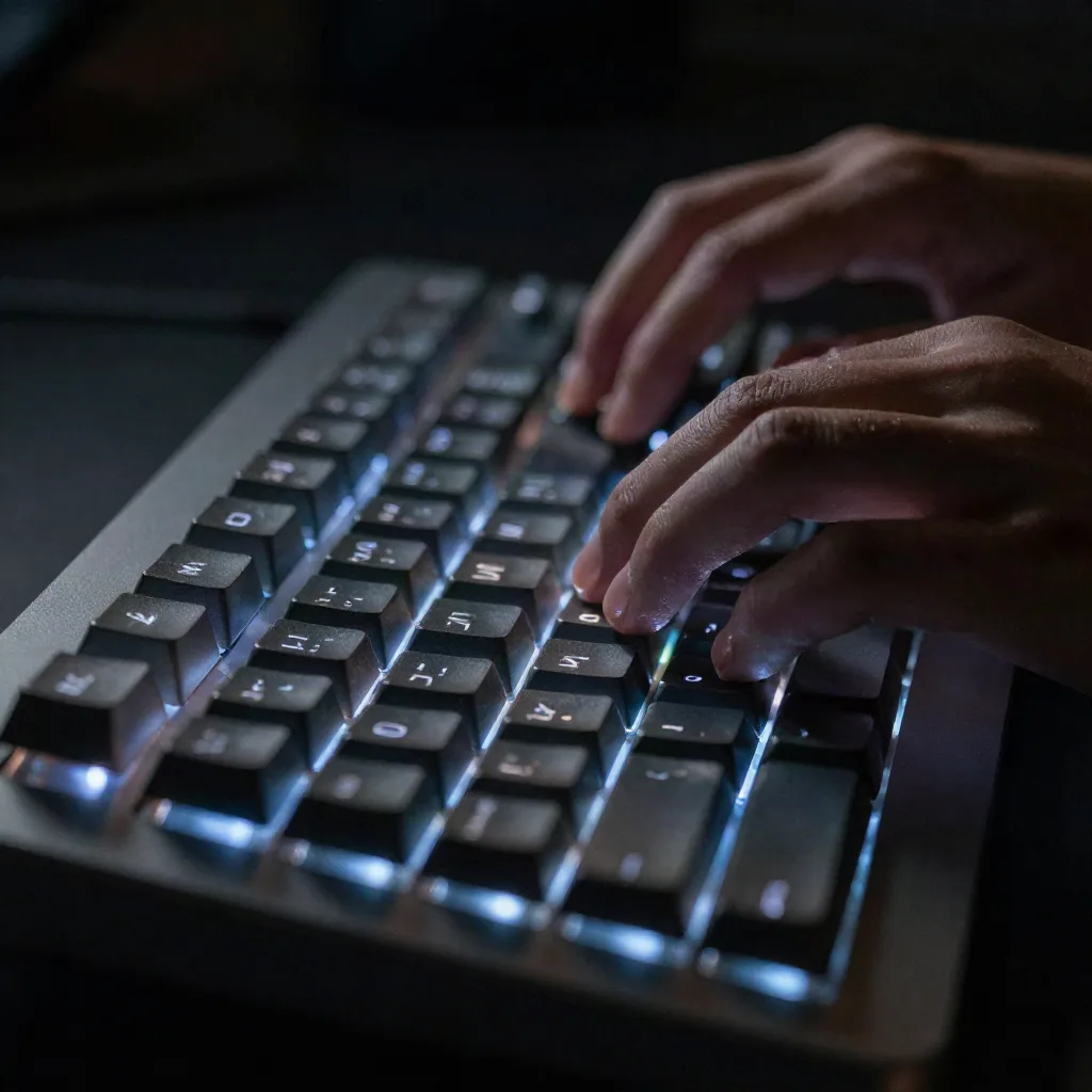 Close-up of hands typing on a backlit mechanical keyboard in dim light