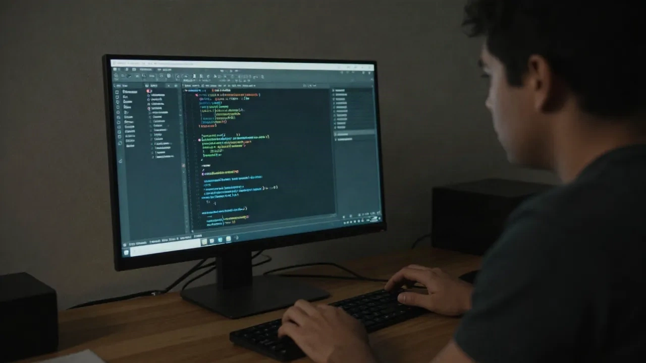 Developer at a code editor late at night, screen light on face, dark minimal workspace