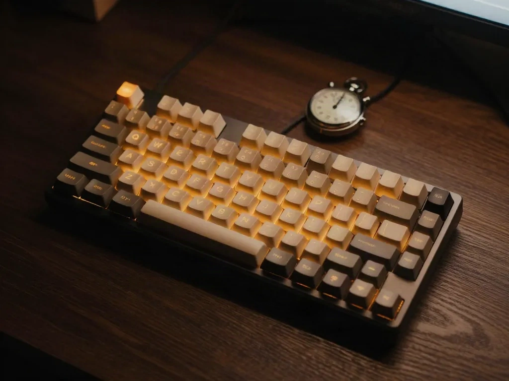 Backlit mechanical keyboard next to a stopwatch, representing fast client-side JSON formatting