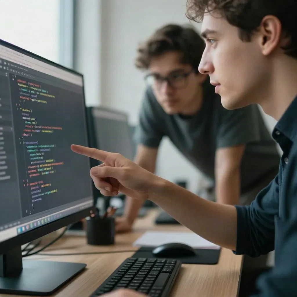 Two developers reviewing AI-generated code on a monitor, office setting