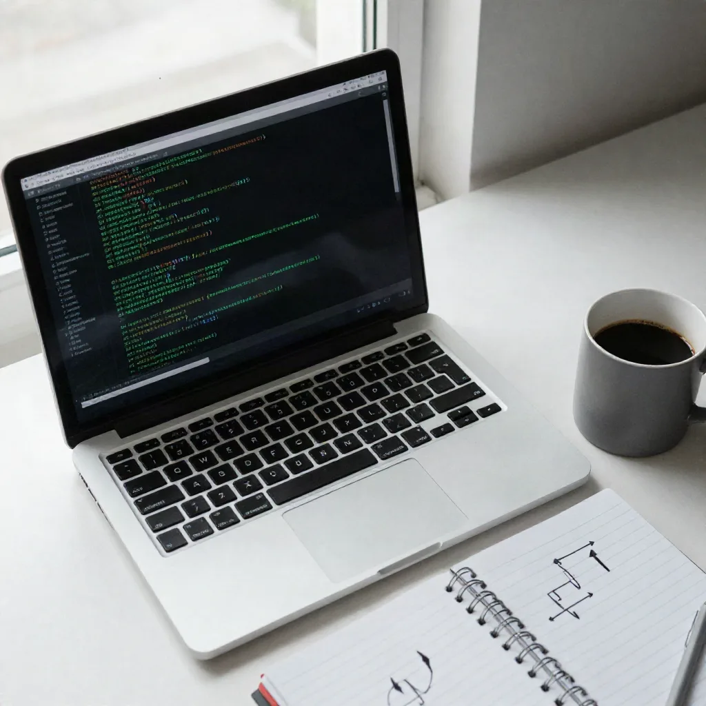 Overhead flat-lay of a developer desk with a laptop terminal, a notebook sketch of branching arrows, and a coffee mug