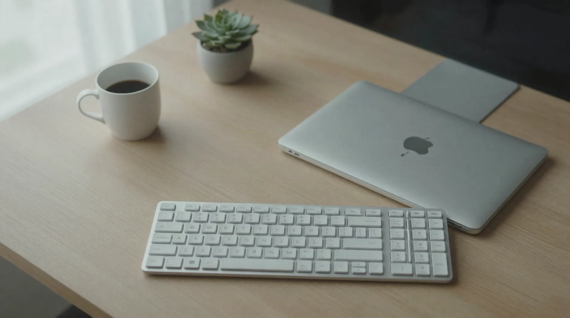 Minimalist desk with a closed MacBook, mechanical keyboard, and coffee, representing a clean native macOS setup