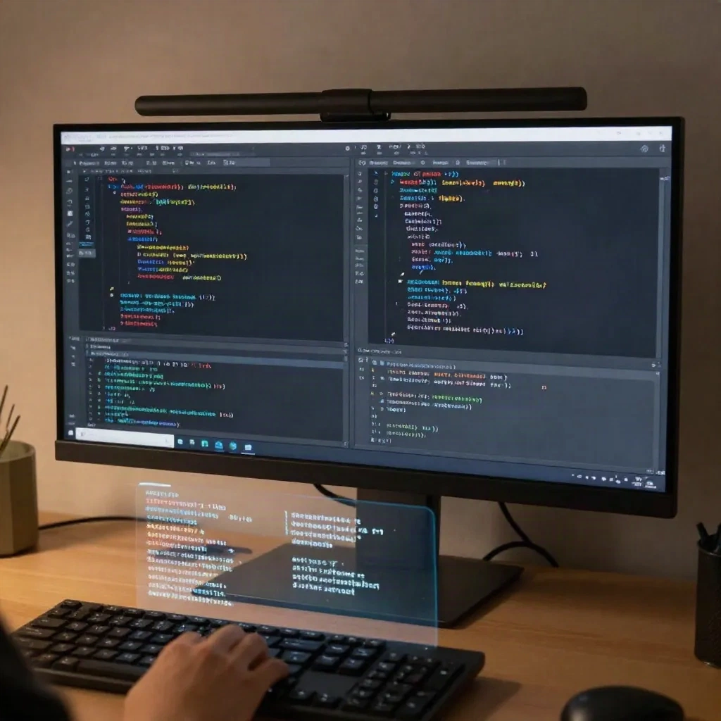 Developer using keyboard shortcuts with two tiled windows on an external monitor