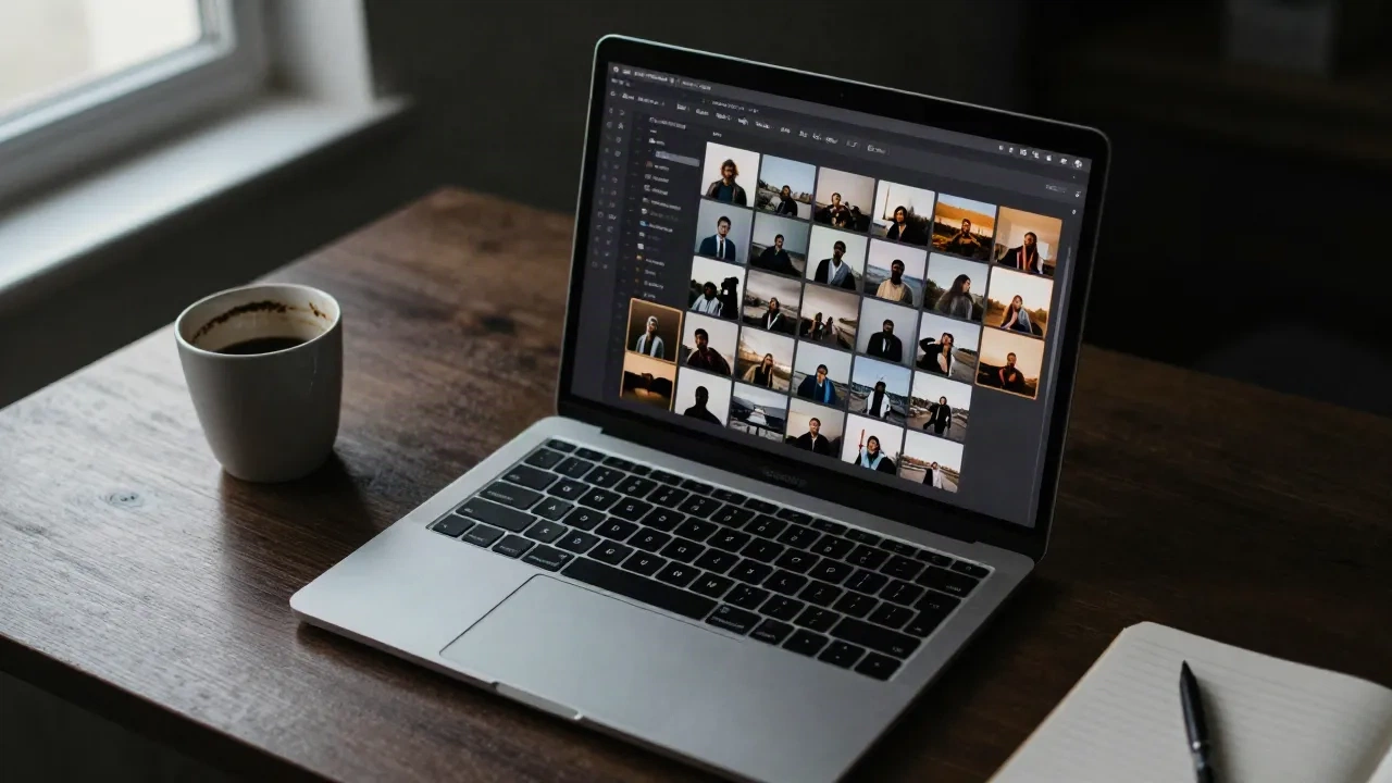 MacBook screen showing a grid of near-duplicate photo thumbnails next to a coffee cup on a wooden desk