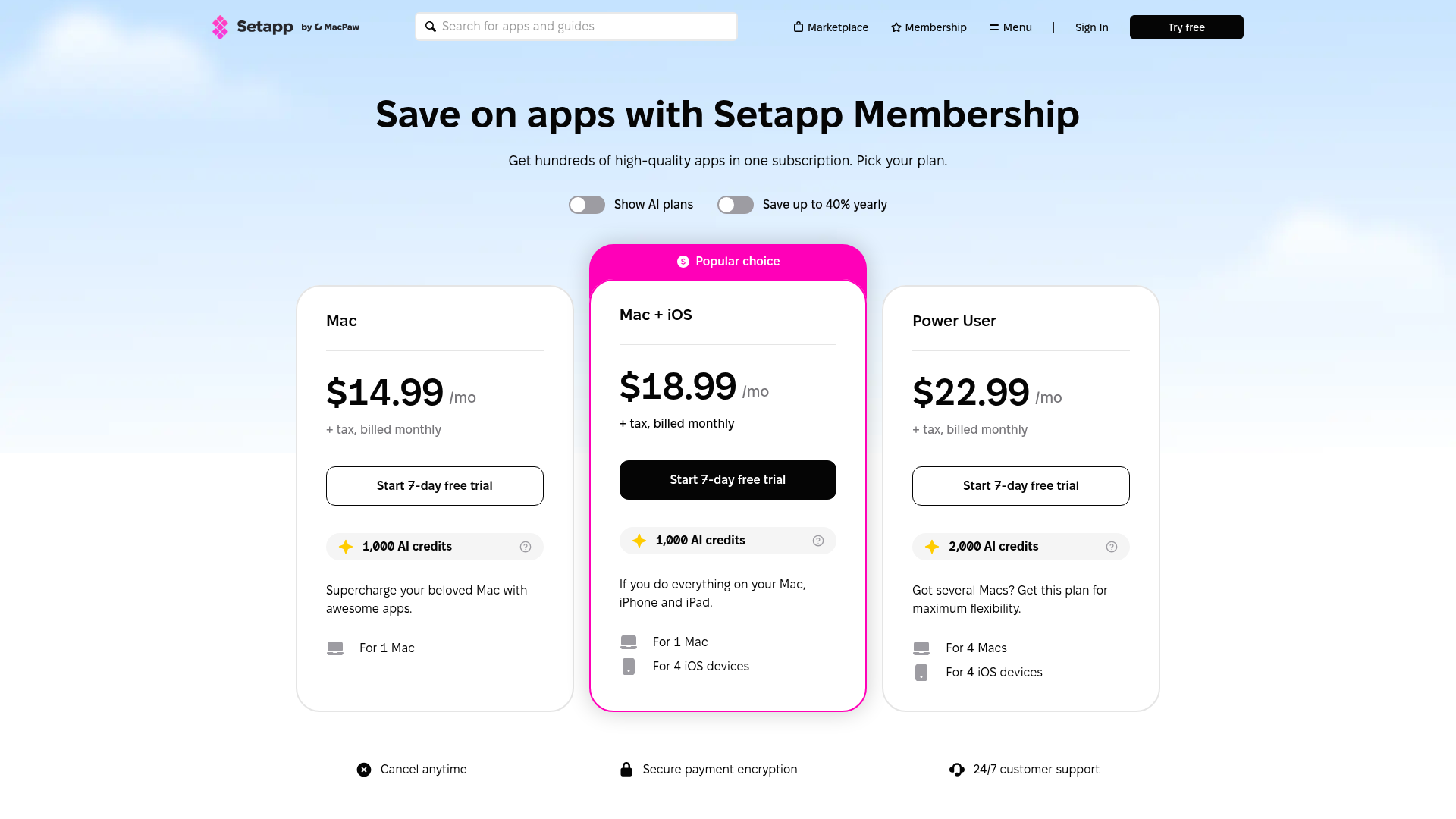 Setapp Membership pricing page: Mac $14.99/mo, Mac+iOS $18.99/mo, Power User $22.99/mo, 7-day free trial