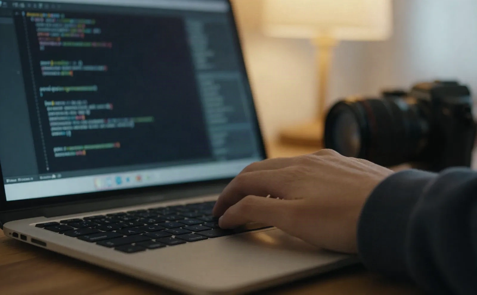 Close-up of a hand on a MacBook trackpad with a code editor blurred in the background