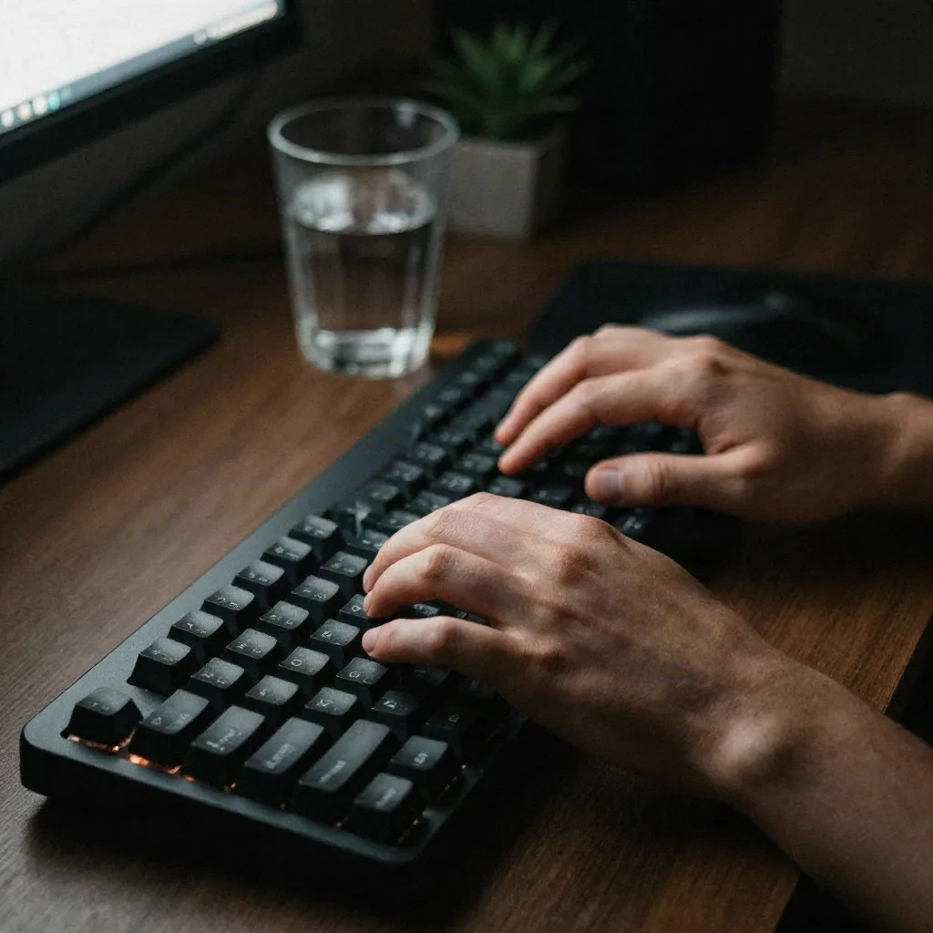 Developer hands typing on mechanical keyboard at dark desk, focused terminal work