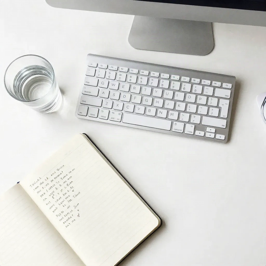 Mac keyboard and desk setup with notebook, minimal and clean workspace