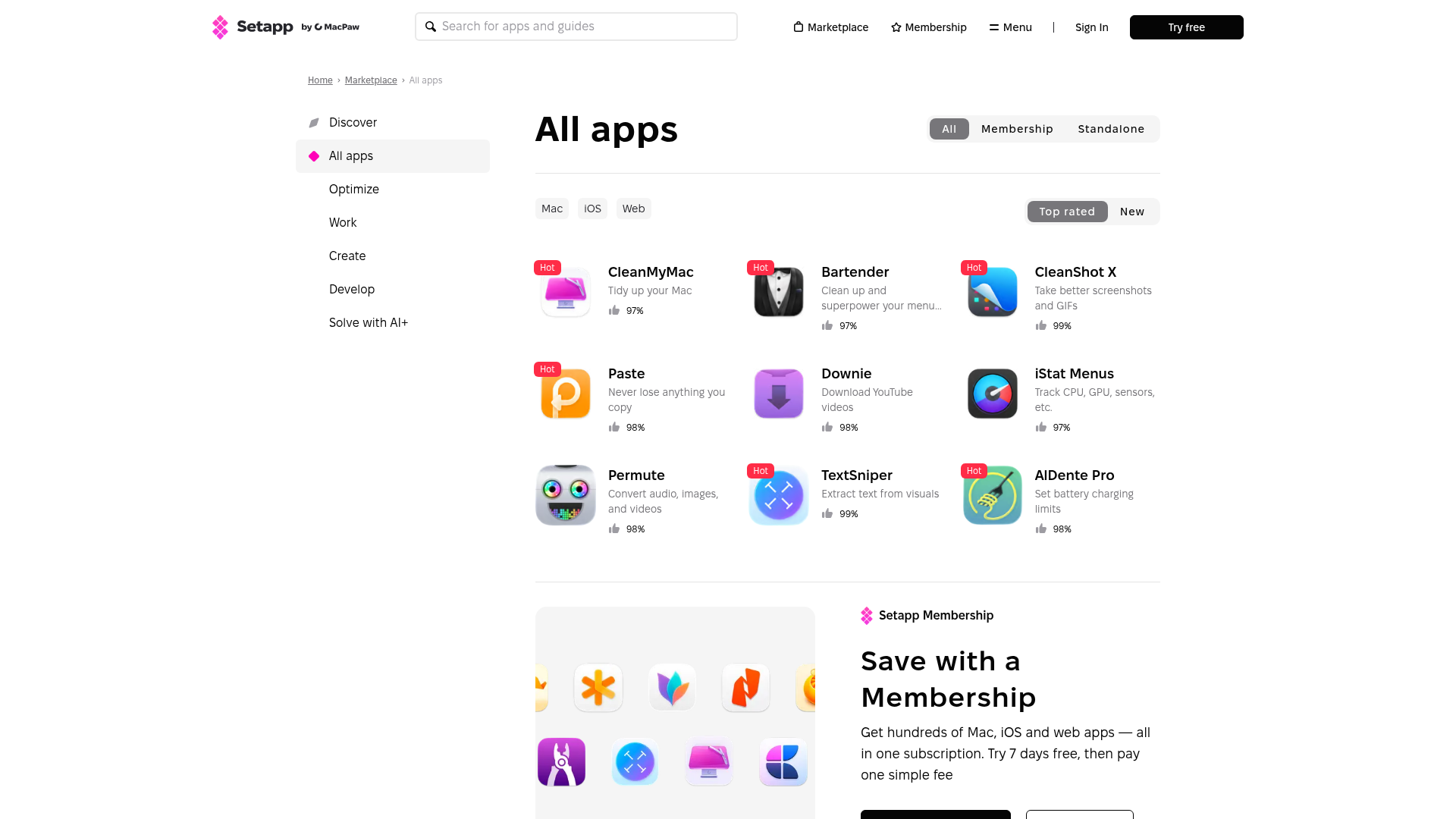 Setapp All apps catalog view showing CleanMyMac, Bartender, CleanShot X, Paste, Downie, iStat Menus with approval percentages