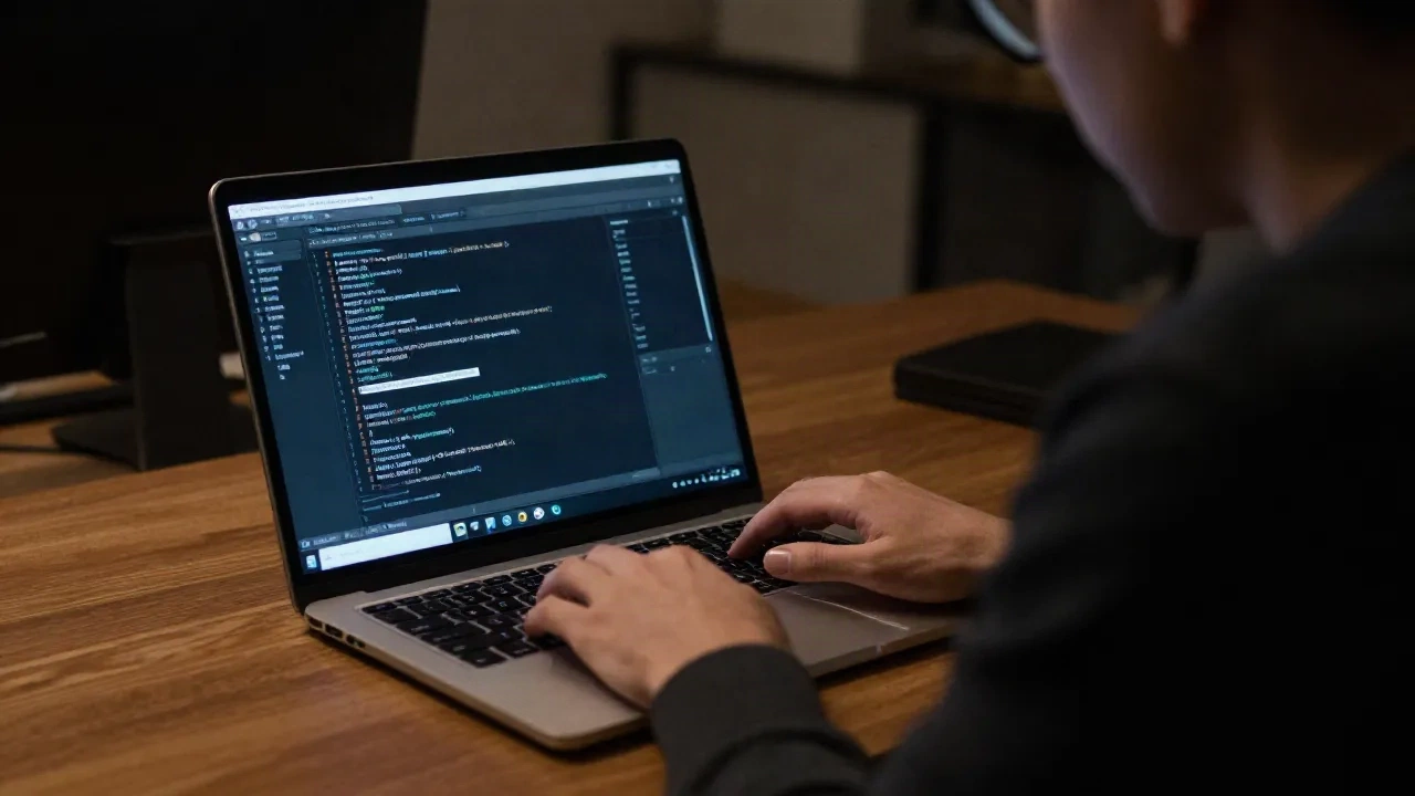 Developer at a macOS terminal showing file listing in dark environment