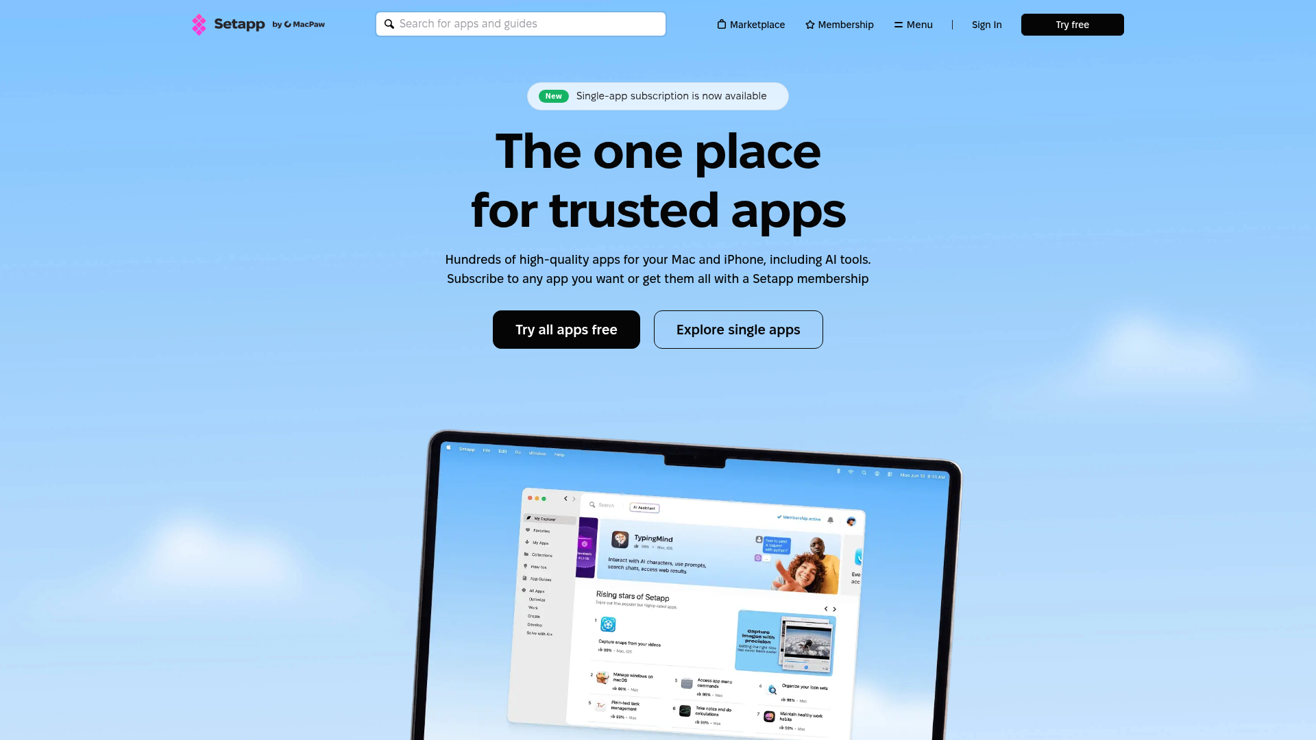 Setapp homepage: The one place for trusted apps, hundreds of Mac and iPhone apps in one subscription