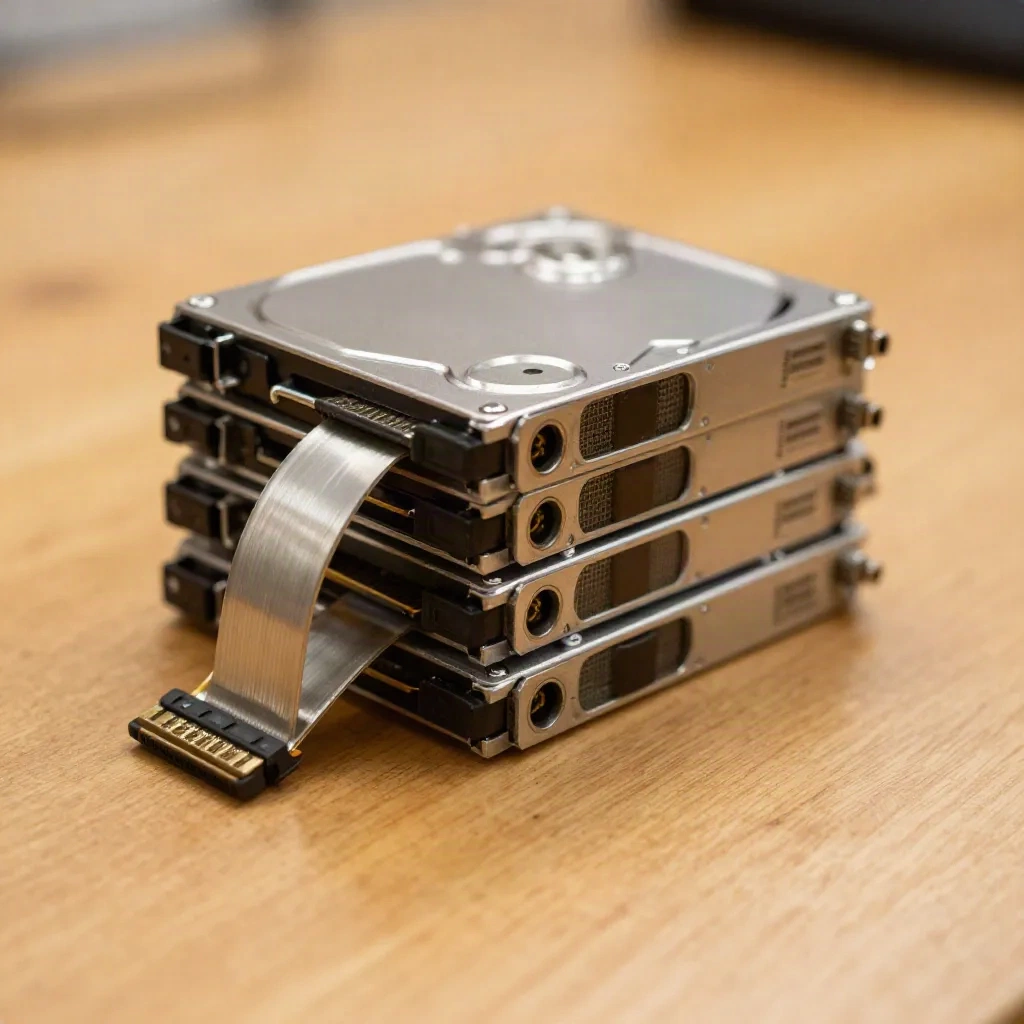 Stack of small storage drives on a wooden workbench