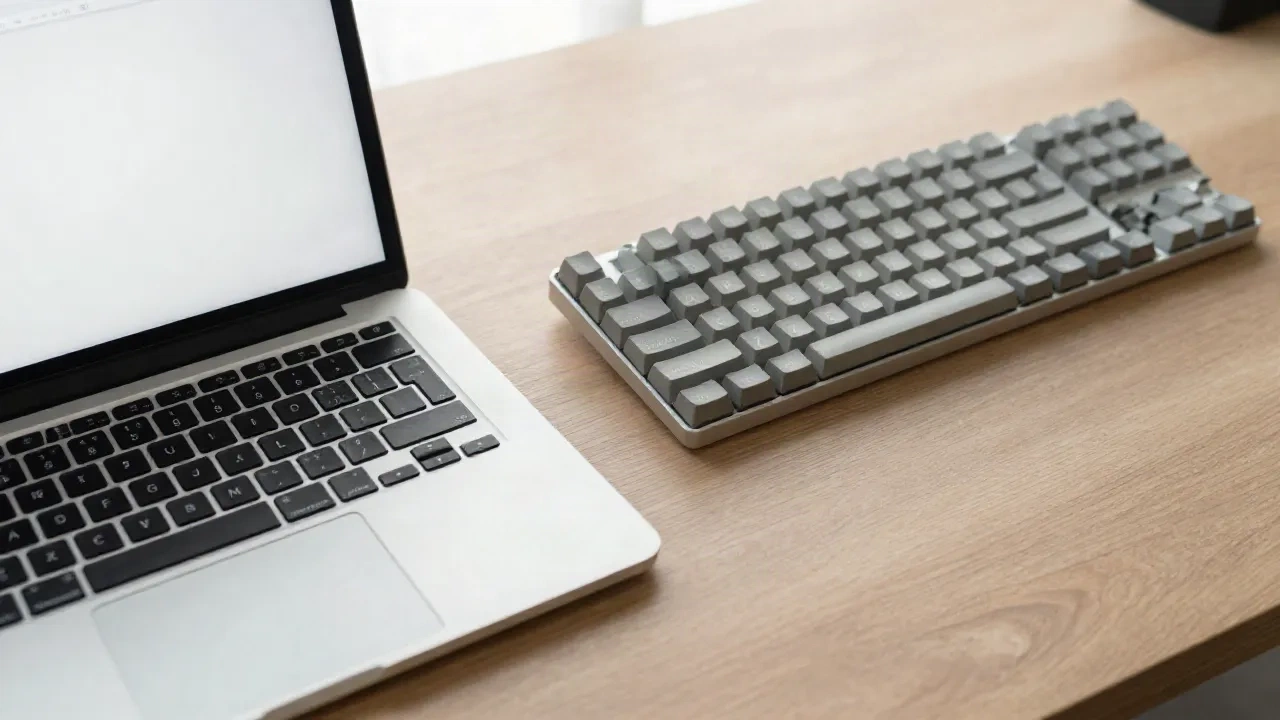 A MacBook and a mechanical keyboard on a wooden desk, ready for copy and paste on Mac