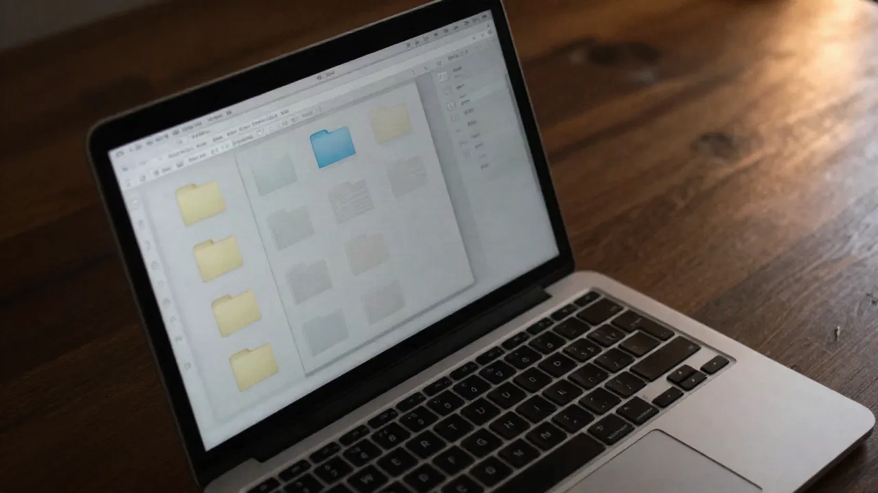 MacBook on a wooden desk showing a Finder window with dimmed hidden folders