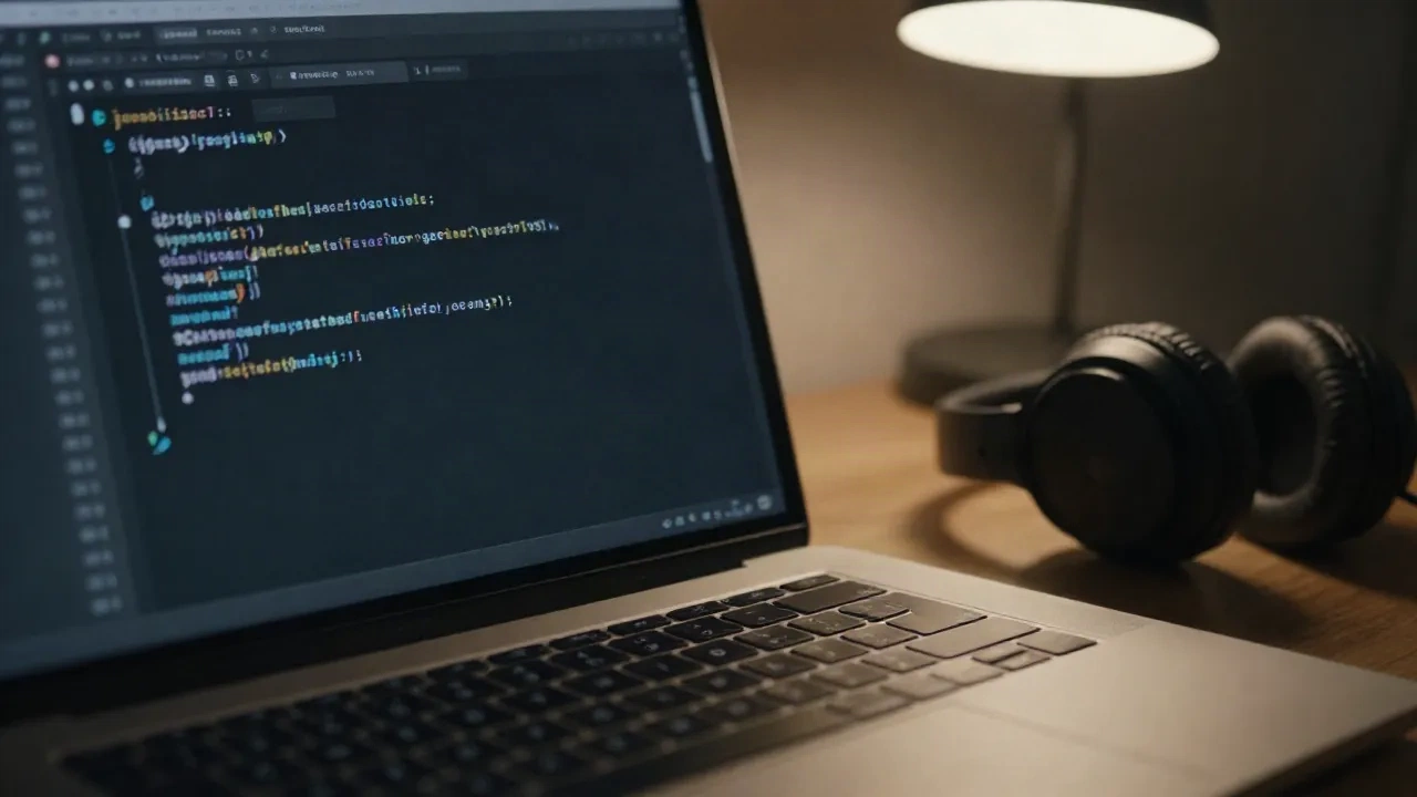 Dark-mode Terminal window on a Mac laptop with headphones beside the keyboard