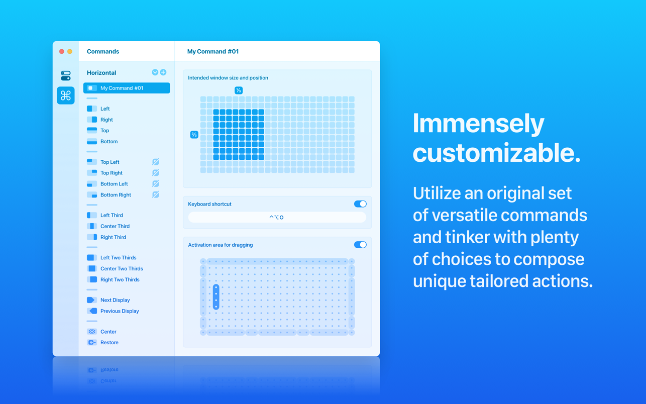 Magnet Commands panel listing 18 built-in layouts with a keyboard shortcut and drag activation area editor