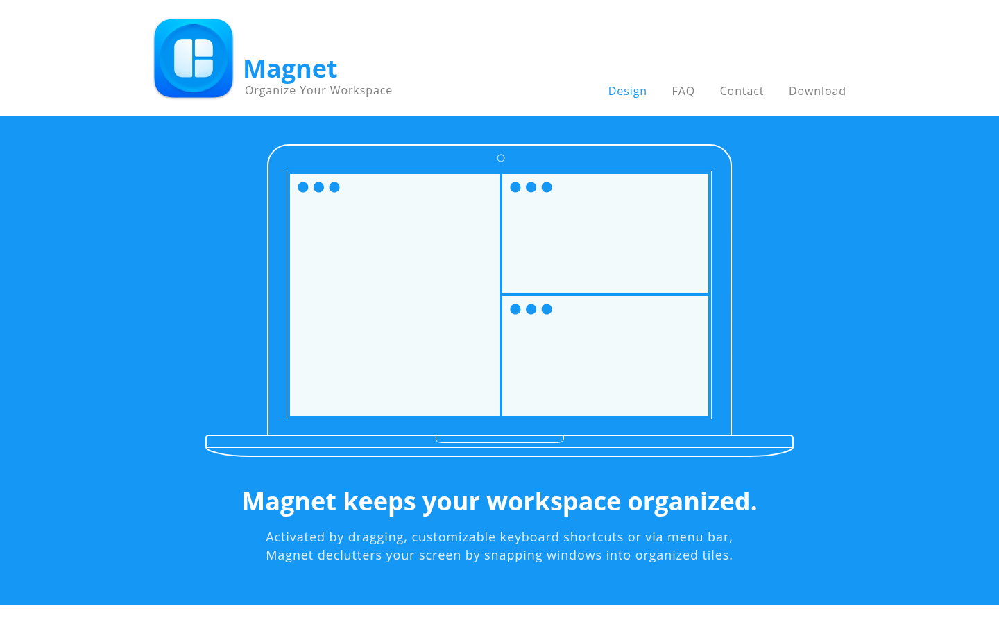 Magnet official website home page showing a window snapped into three tiles