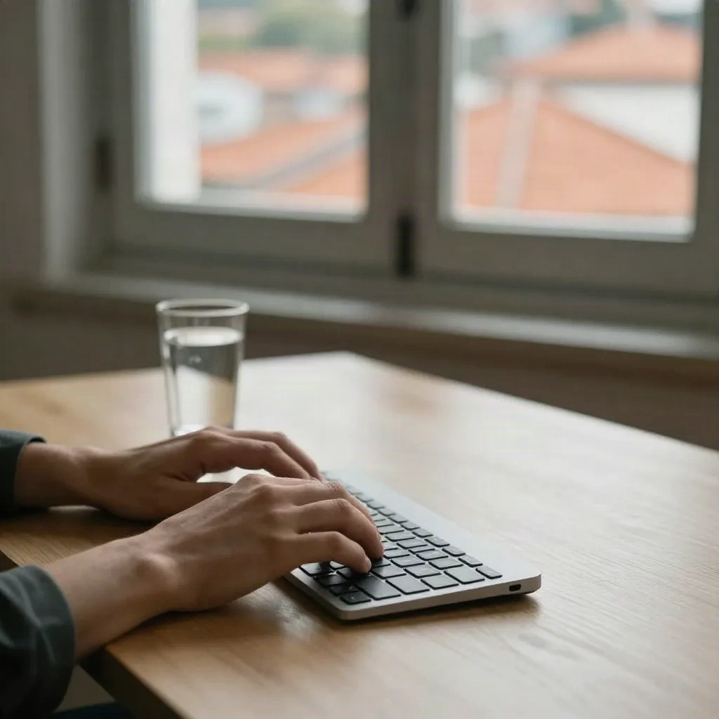 Hands on a keyboard at a minimalist desk with rooftops blurred in the window