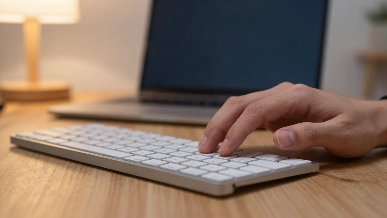 Hand resting on a compact keyboard in front of a laptop under a warm desk lamp