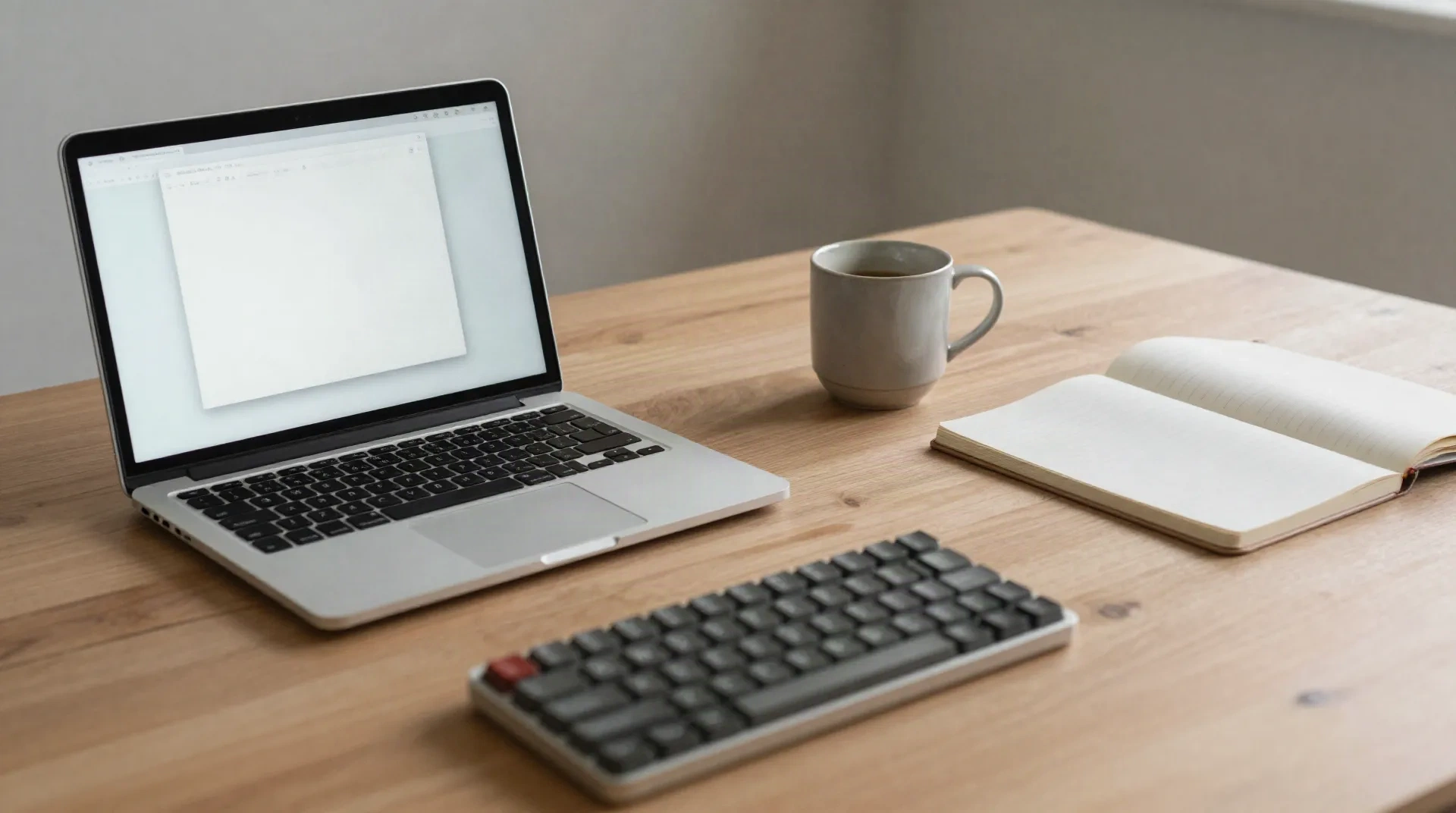 Tidy wooden desk with an open laptop, keyboard, notebook and coffee mug