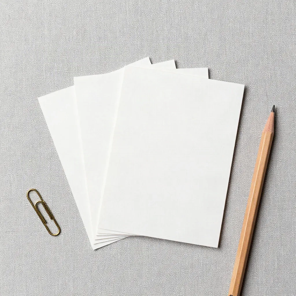 Three blank index cards fanned out beside a paper clip and a pencil, a picture of clipboard history