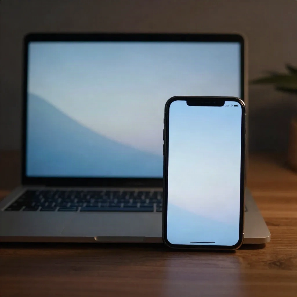 A laptop and a smartphone side by side on a desk for Universal Clipboard