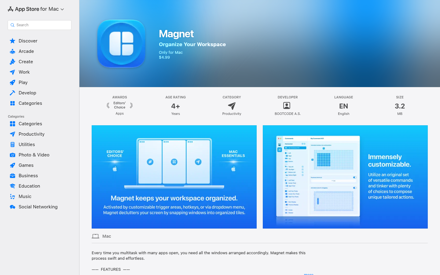 Magnet Mac App Store listing showing $4.99 price and 3.2 MB size