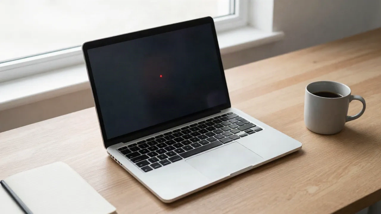 Laptop on a tidy desk with a small red recording indicator on screen