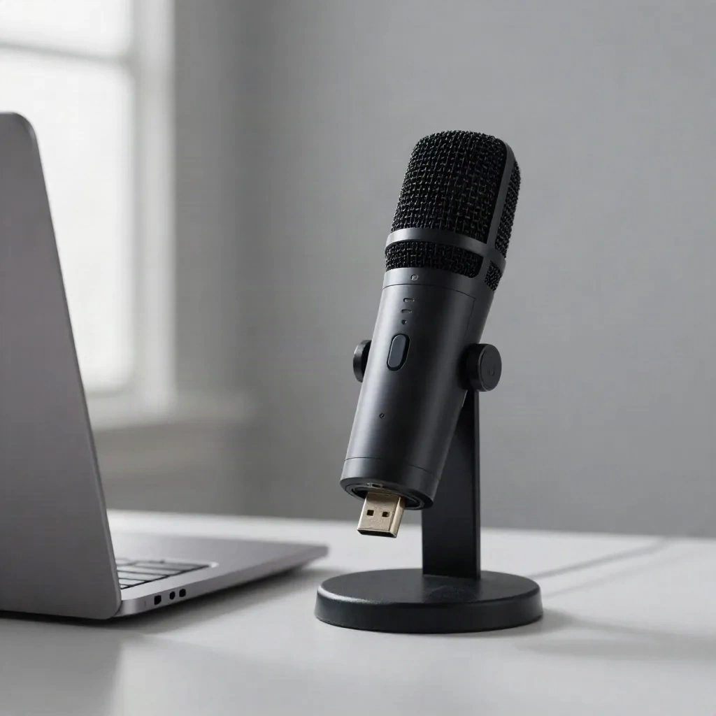 USB microphone beside a laptop for recording narration
