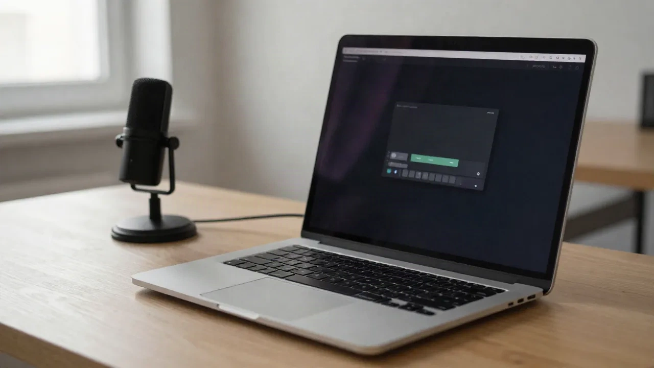 MacBook on a wooden desk showing a screen recording control bar, USB microphone beside it