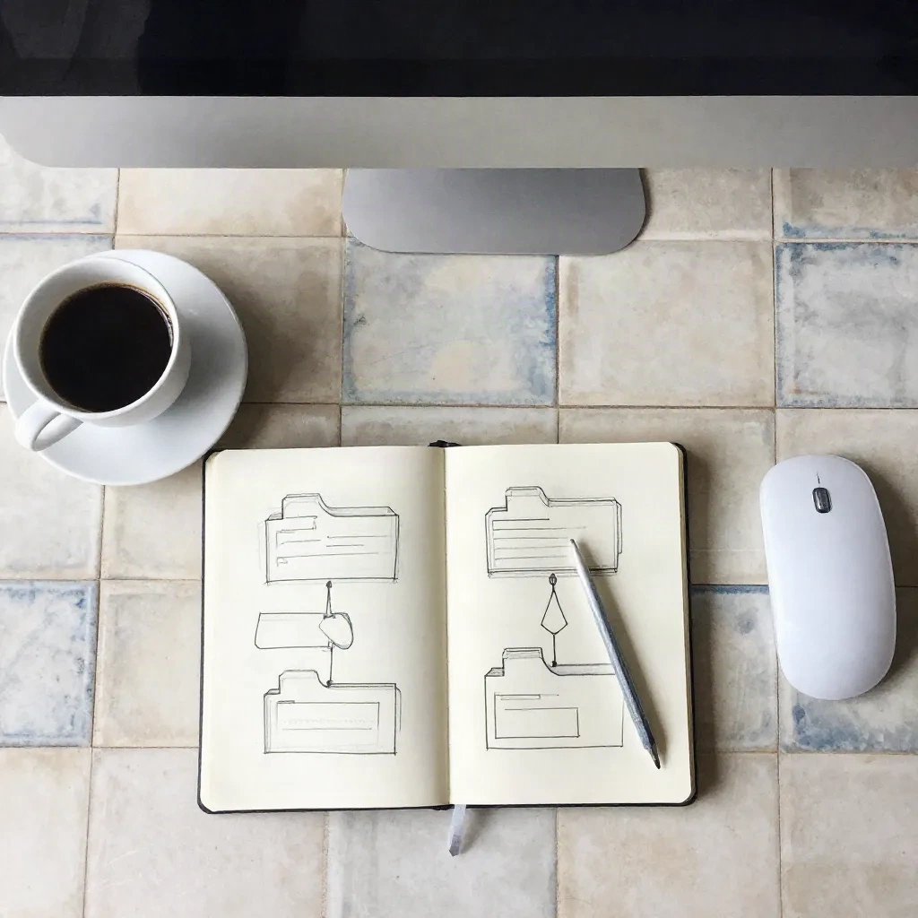 Developer desk with notebook sketches of a folder tree and coffee