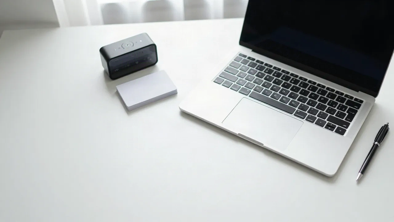 Minimal desk with laptop, index cards, a small timer and a pen