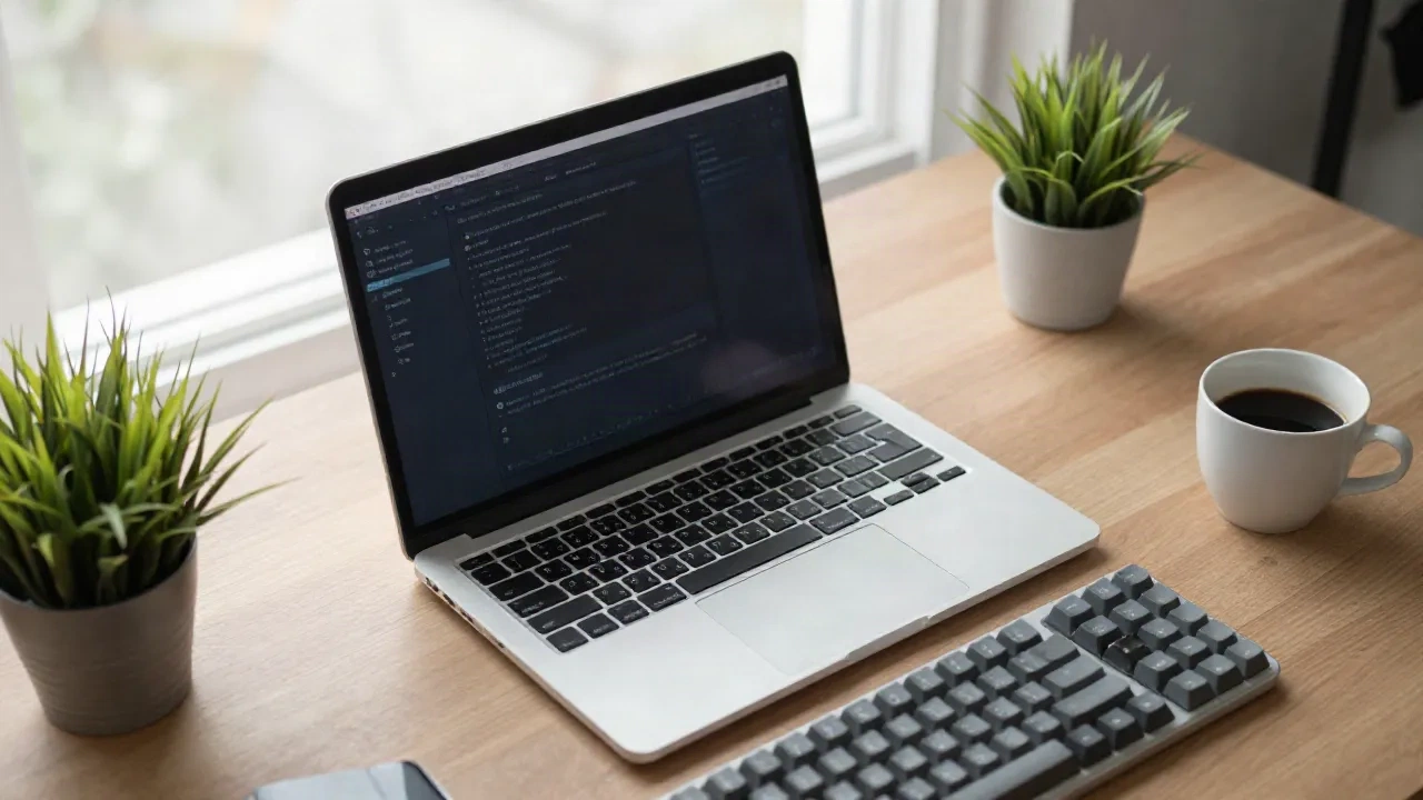 A tidy developer desk with a laptop open on a terminal, a mechanical keyboard and a coffee