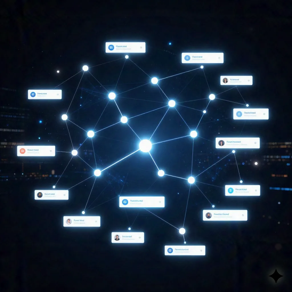 Brand visibility in AI era - constellation of interconnected content nodes and citation links across digital platforms
