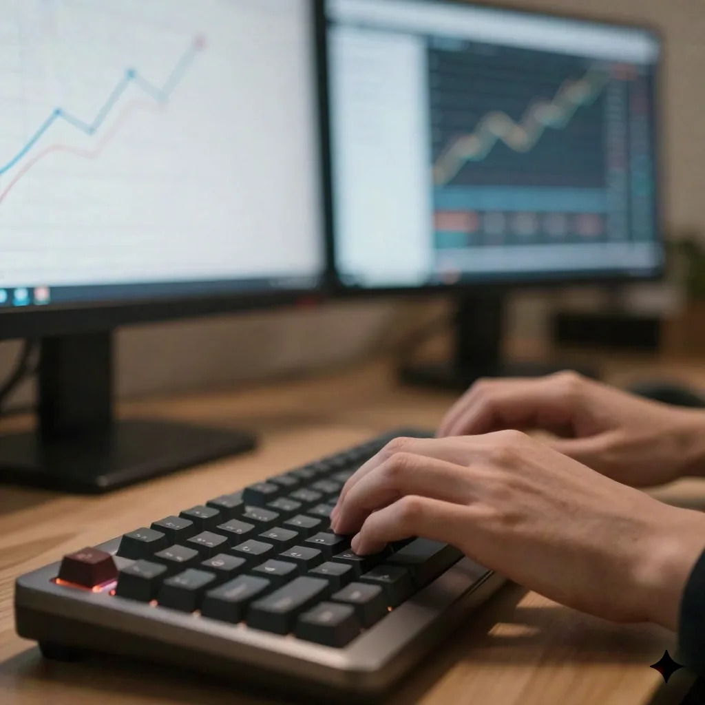 Gros plan sur des mains tapant sur un clavier, avec des courbes de graphiques en hausse floues sur deux écrans en arrière-plan