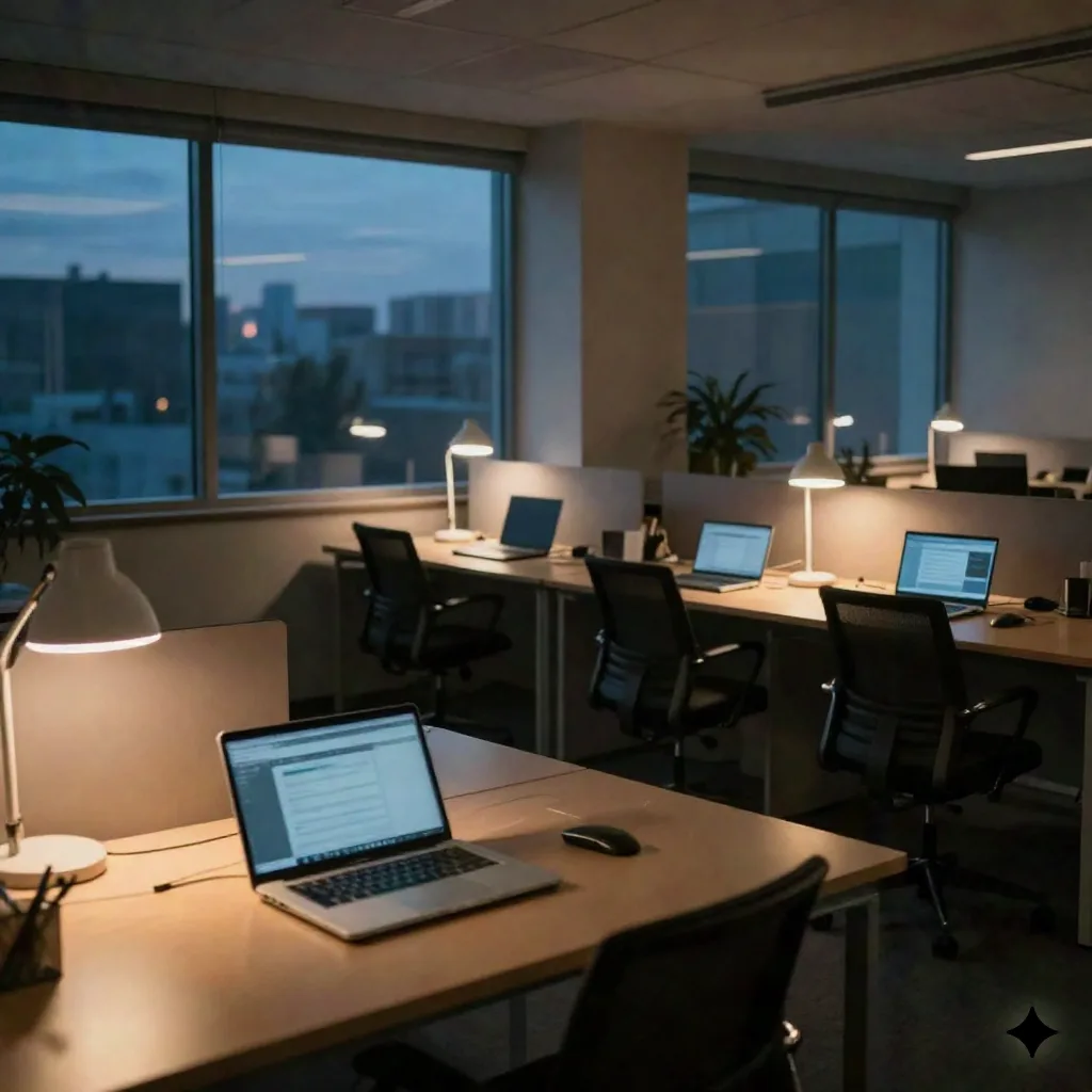 An empty modern editorial office at dusk with closed laptops and a single pulled-out chair