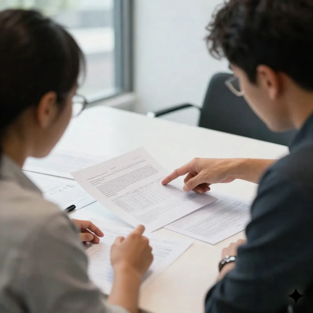 Two colleagues reviewing printed content audit pages together at a table