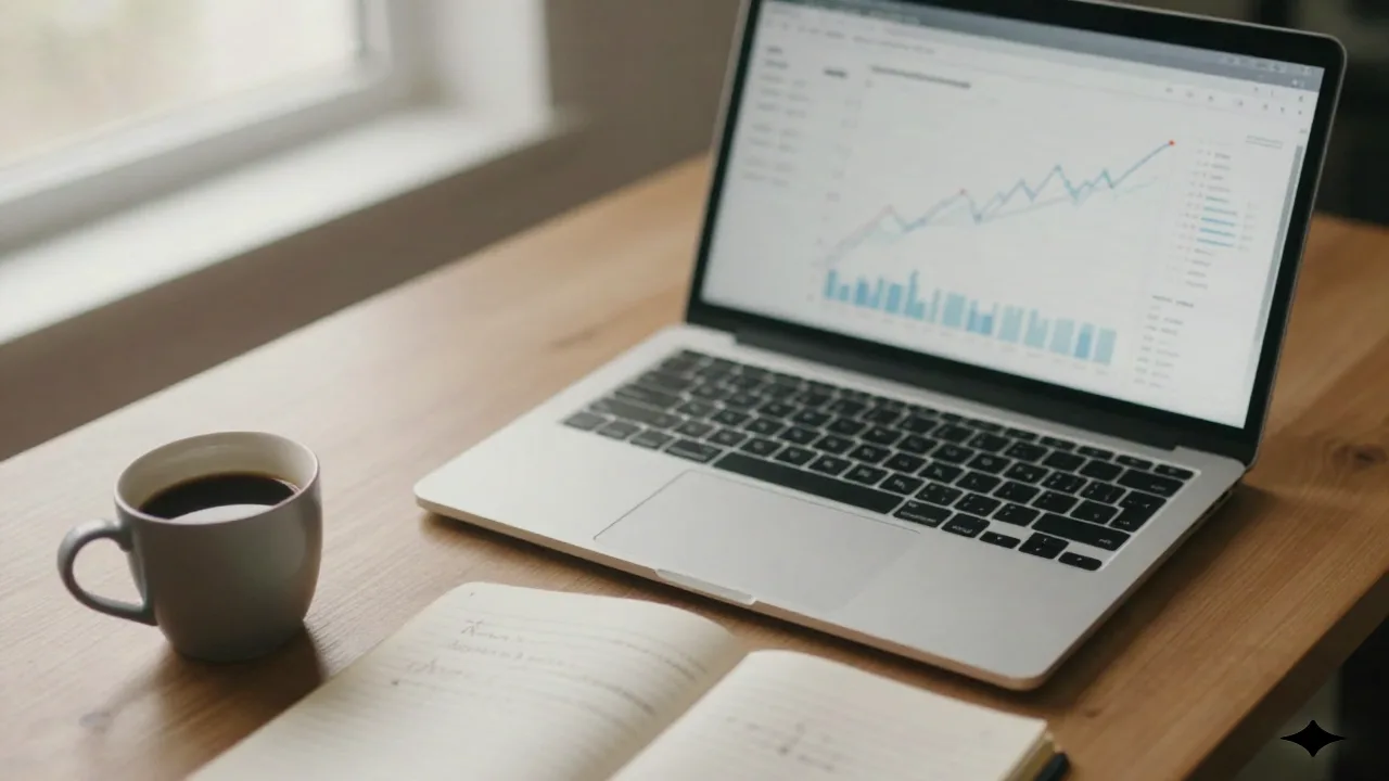 Schreibtisch einer Marketing-Analystin von oben mit Laptop, der ein unscharfes Analytics-Dashboard zeigt, daneben Notizbuch und Kaffeetasse
