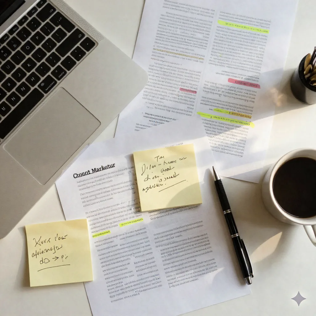 Overhead view of a content marketer desk with printed pages, sticky notes, and a coffee mug