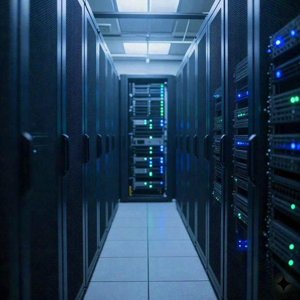 Rows of server racks in a data center lit by cool blue ambient light