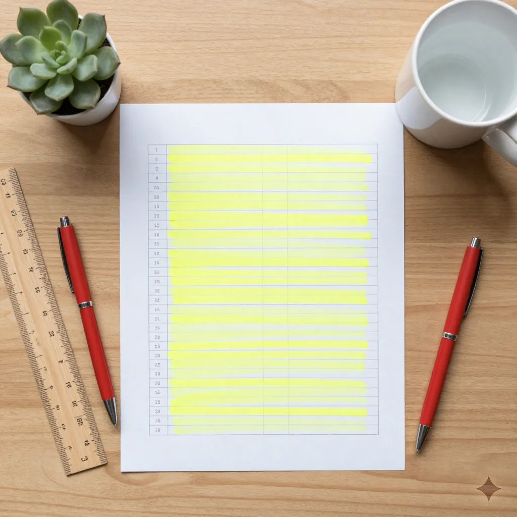 Vue de dessus d'une feuille de tableur imprimée surlignée en jaune, à côté d'un stylo et d'une petite plante
