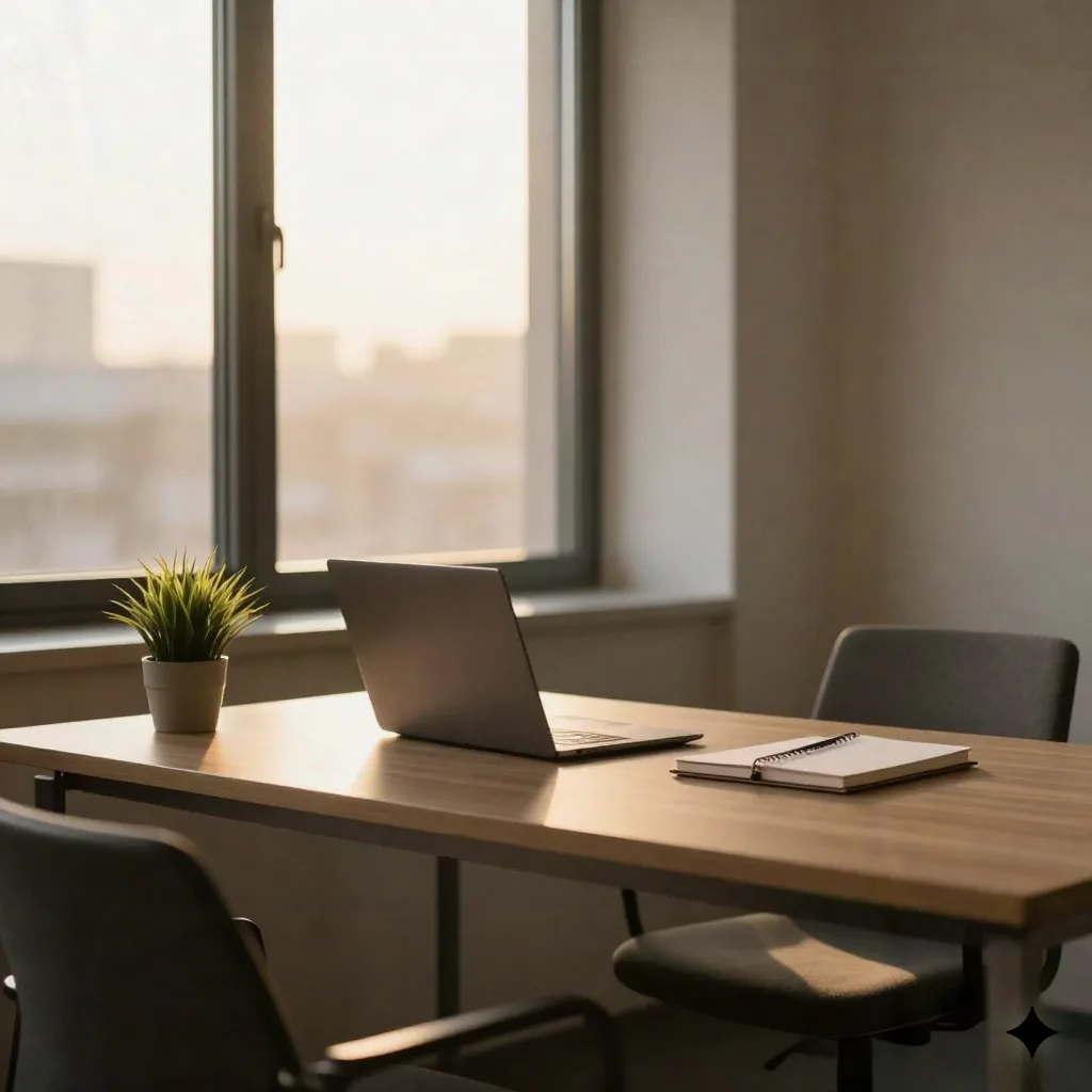 Bureau minimaliste et calme à l'heure dorée, avec un ordinateur portable fermé, un carnet et une plante