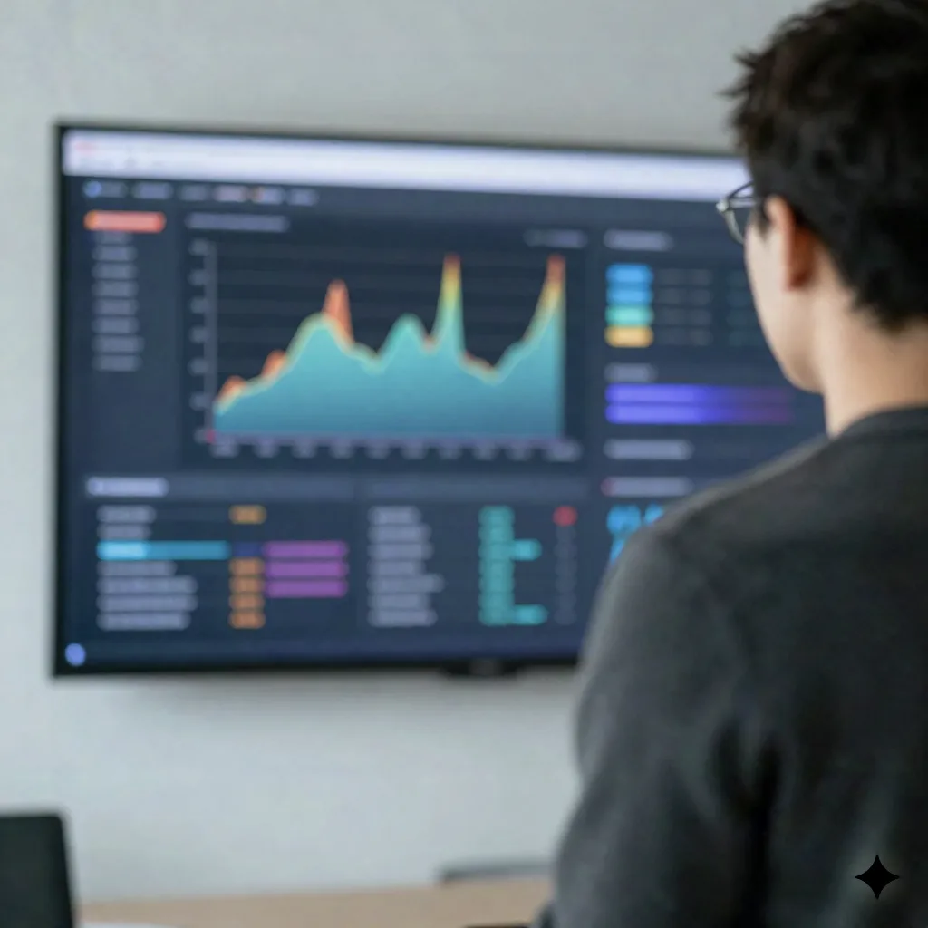 Person viewed from behind looking at a large screen showing a soft-focus analytics dashboard