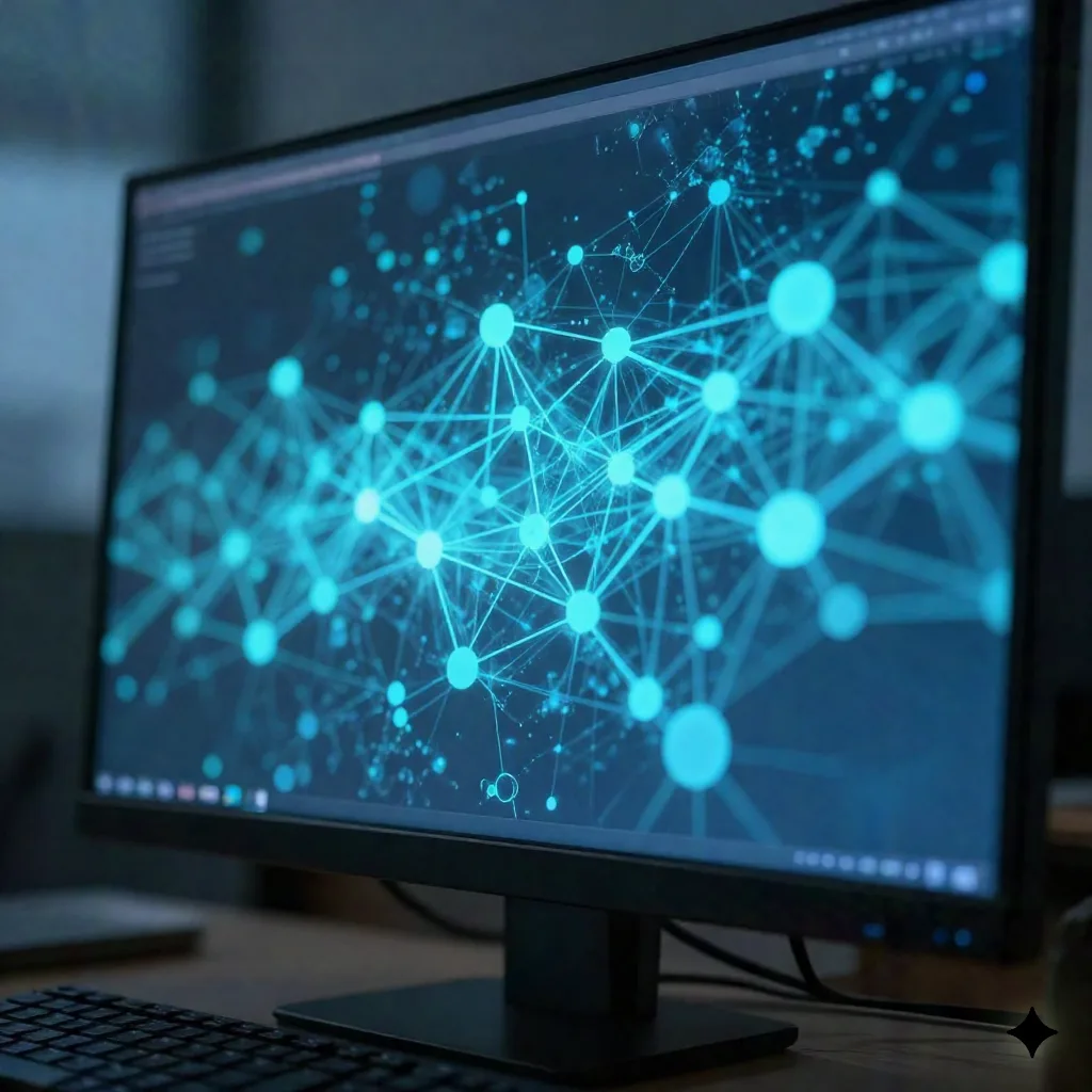 Close-up of a monitor glowing with an abstract blue data visualization in a dim office