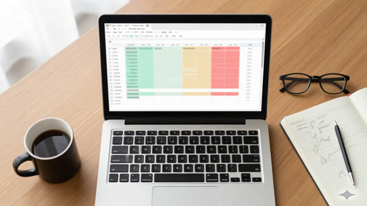 Übersichtsaufnahme eines Content-Operations-Schreibtisches mit einem Laptop mit farbcodiertem Audit-Spreadsheet, Notizbuch und Kaffee