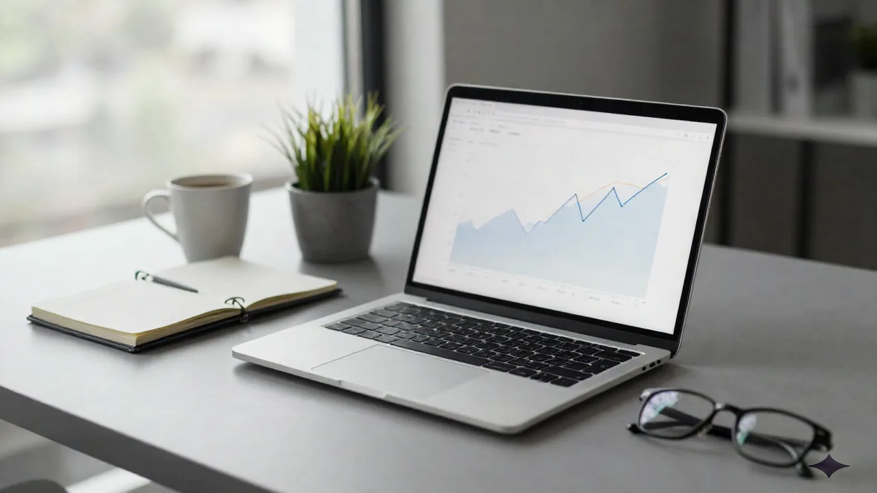 Escritorio de marketing con portátil mostrando un gráfico de datos difuminado, cuaderno y taza de café a la luz natural